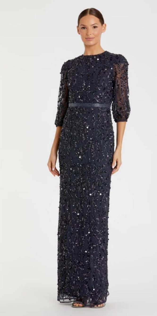 Mac Duggal 93790 Sequined Elbow Sleeve Embellished Gown Midnight Blue 8 NEW $598